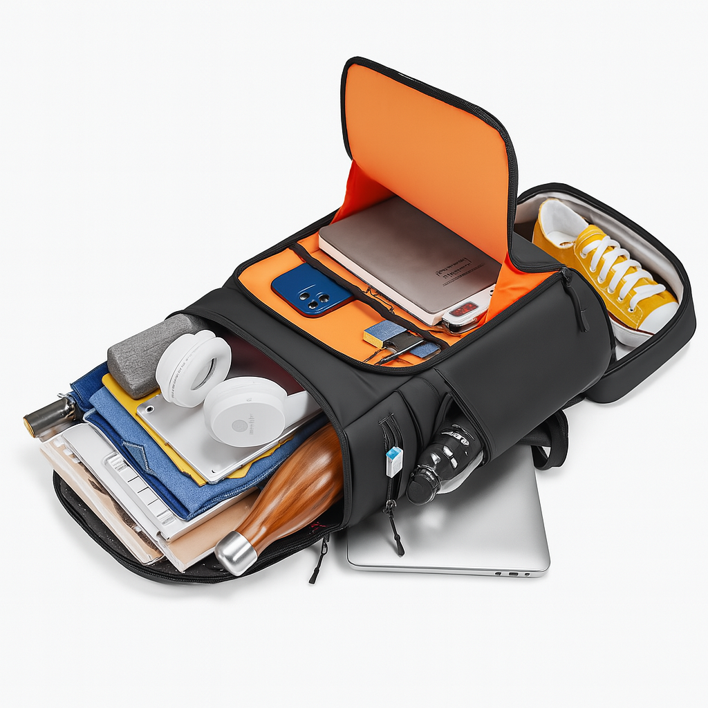 Dependz 7716‑3 travel backpack multi‑compartment expandable 36‑55L capacity side view