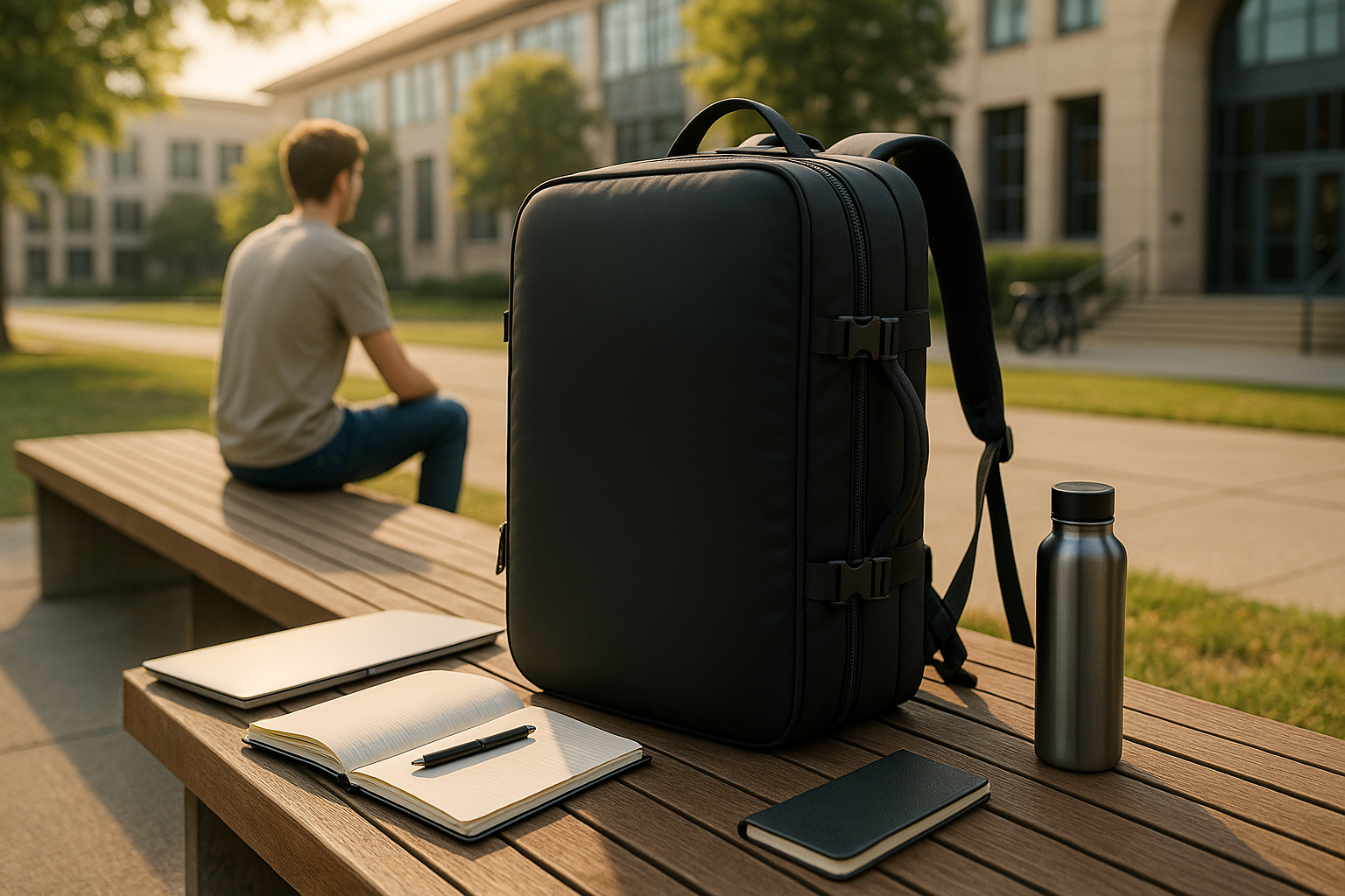 Black backpack on a wooden bench with a person sitting in the background
