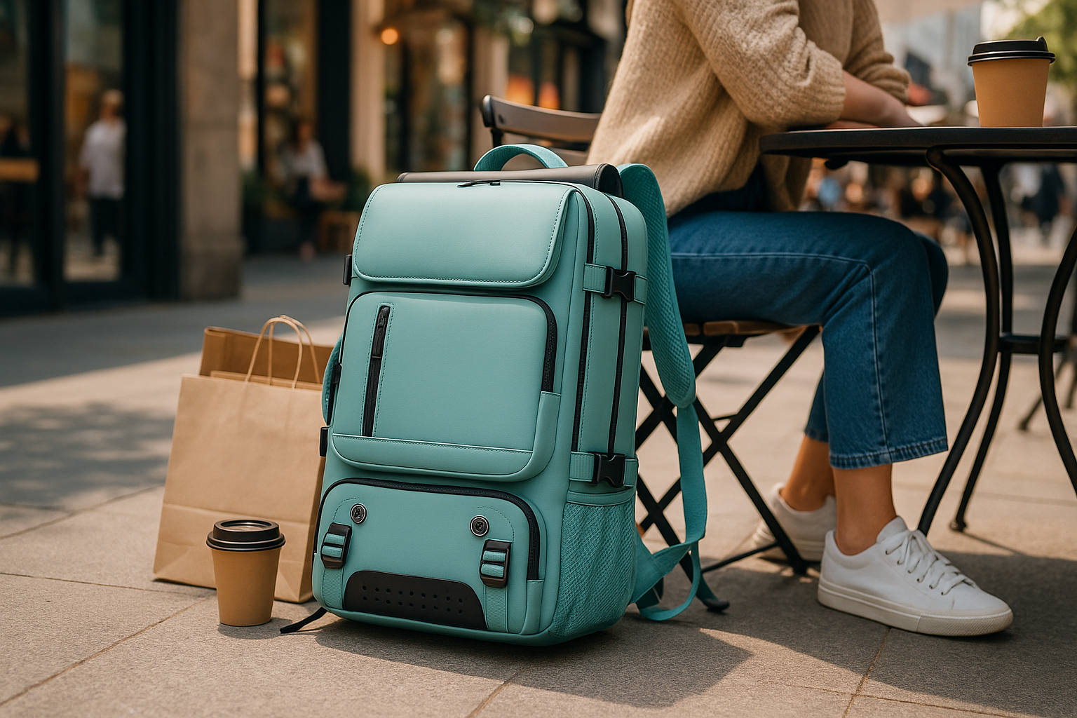 Teal backpack on a sidewalk with a person sitting at a table in the background