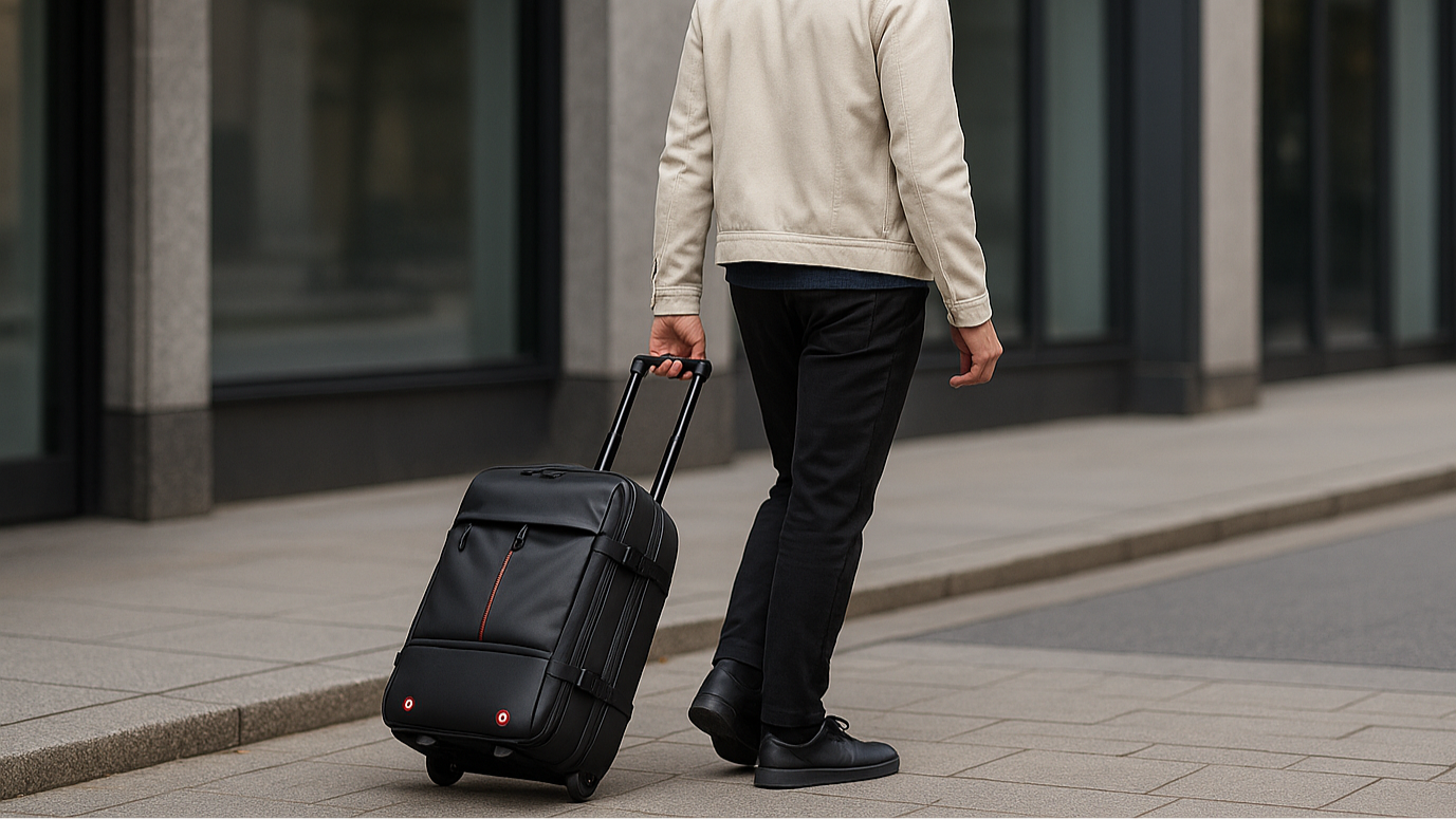 Man pulling a suitcase on a city street