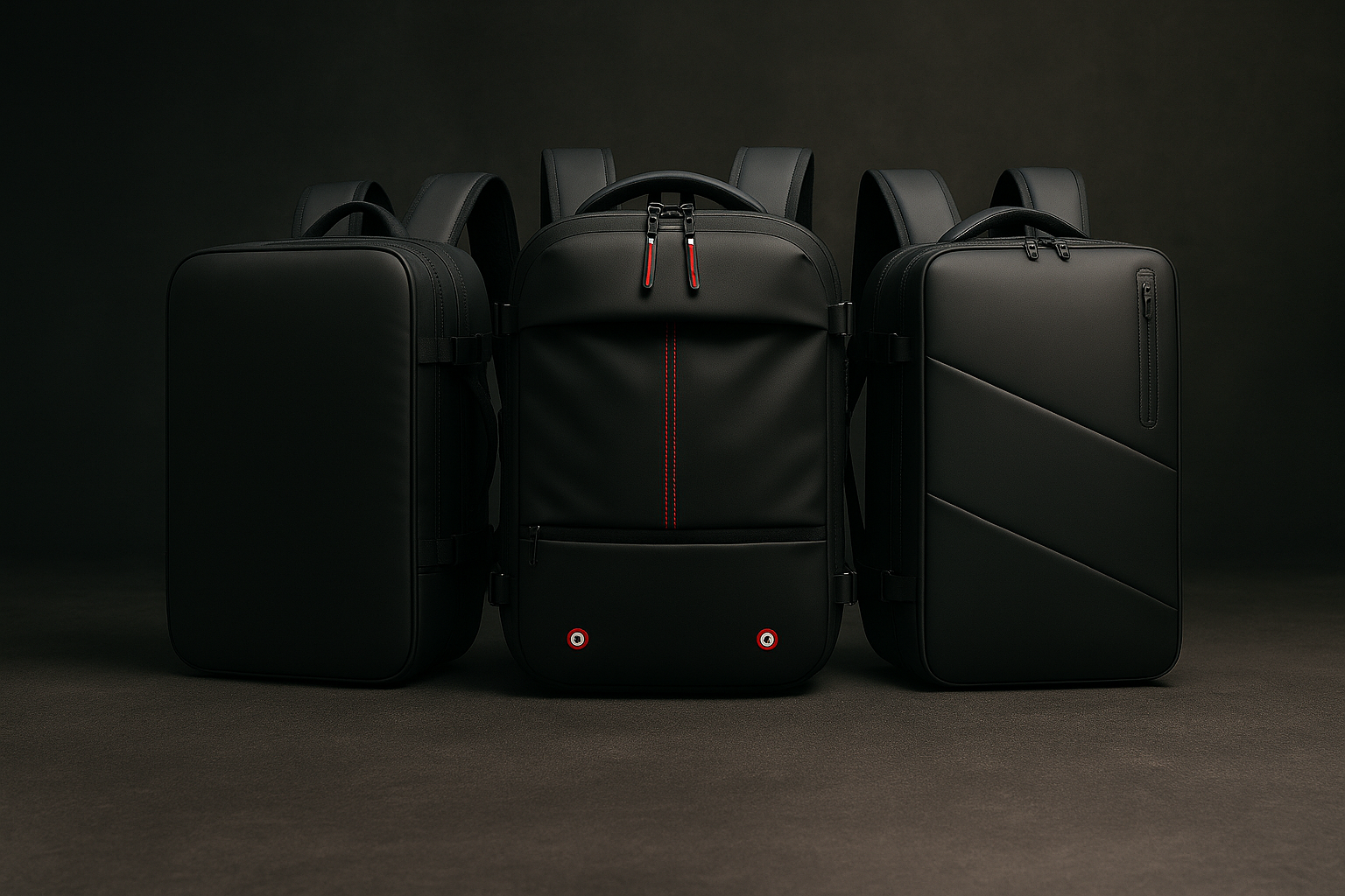 Three black backpacks with red accents on a dark background
