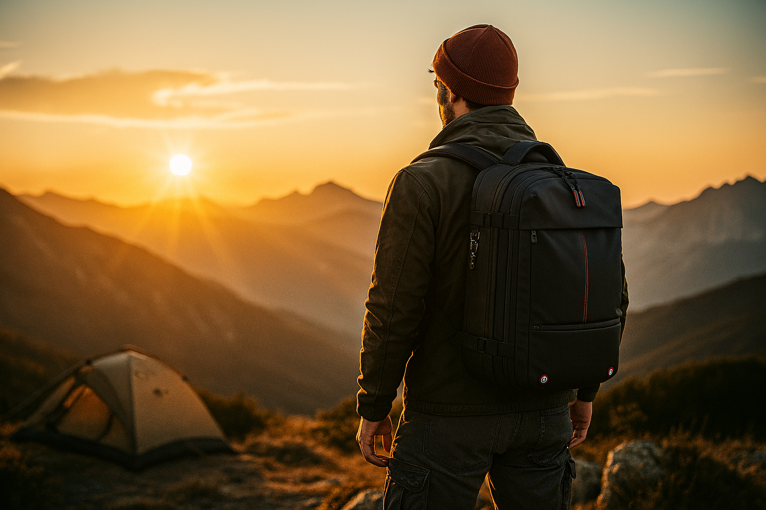 Person with a backpack standing on a mountain at sunset, with a tent nearby.