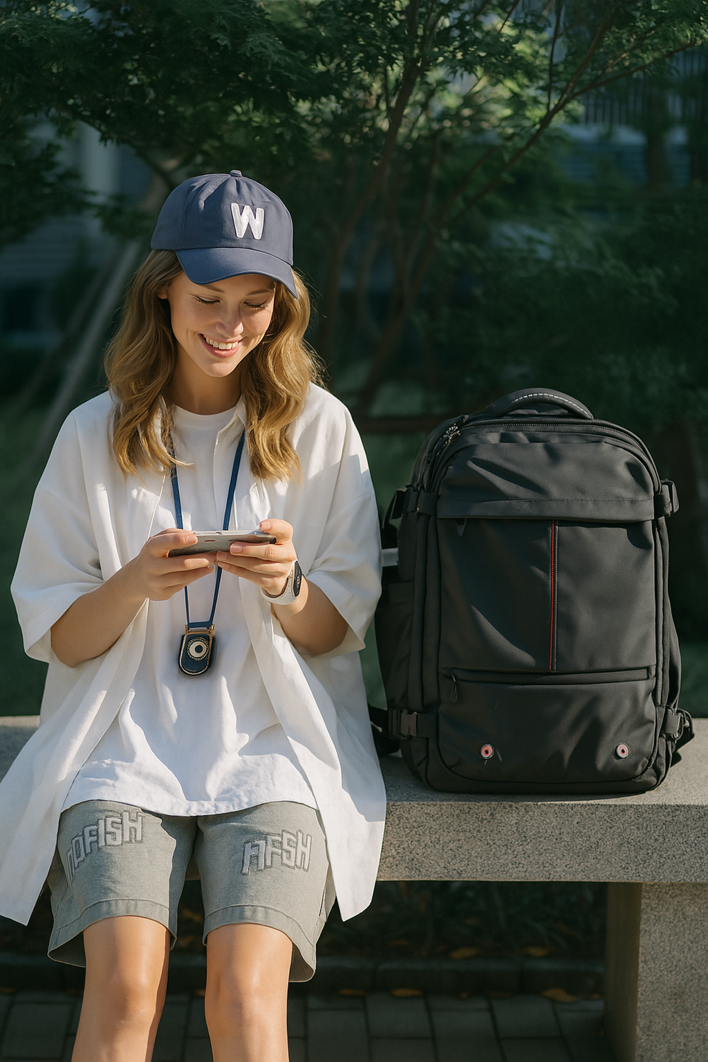 Woman using a phone with a black backpack next to her on a bench outdoors.