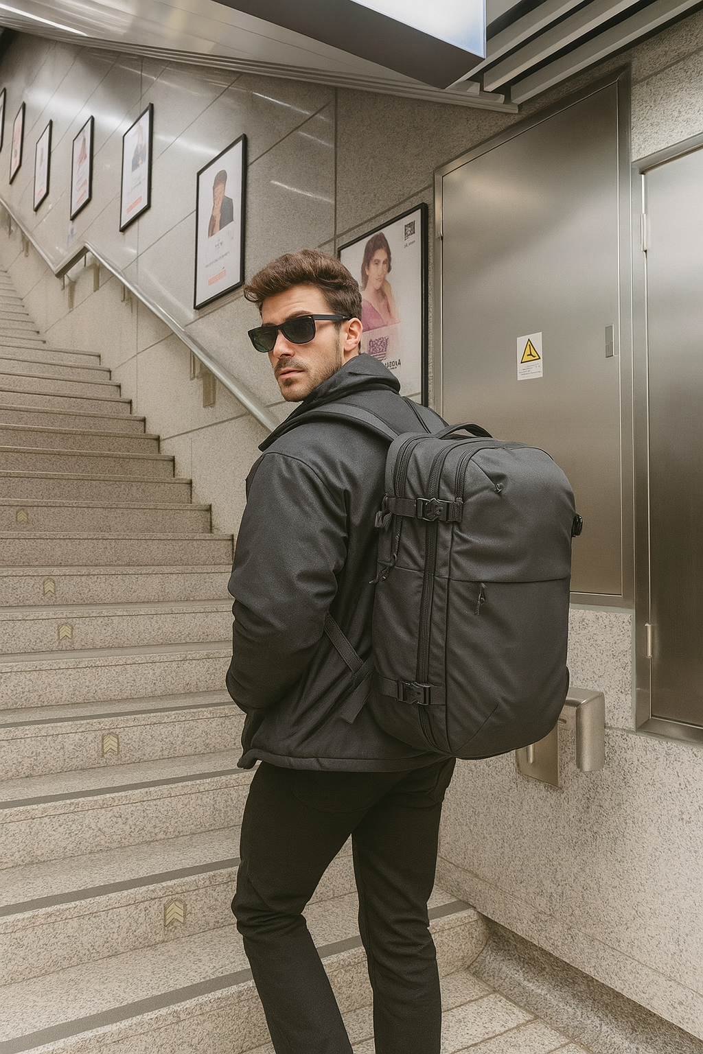 Man with a backpack walking up a staircase in an indoor setting