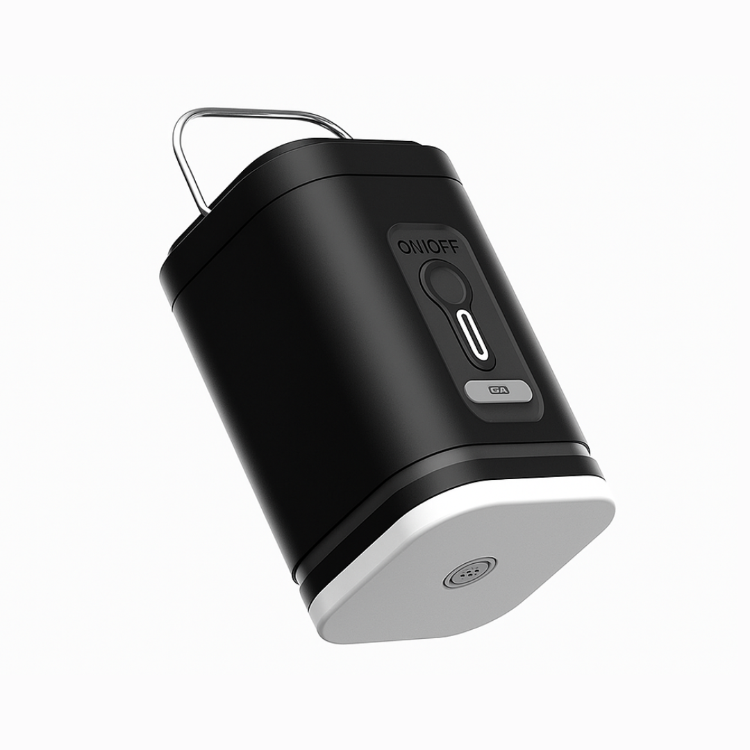 Black camping lantern with a white base on a white background