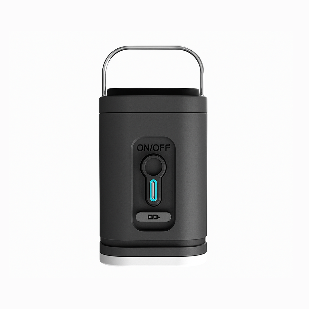 Black camping lantern with handle on a white background