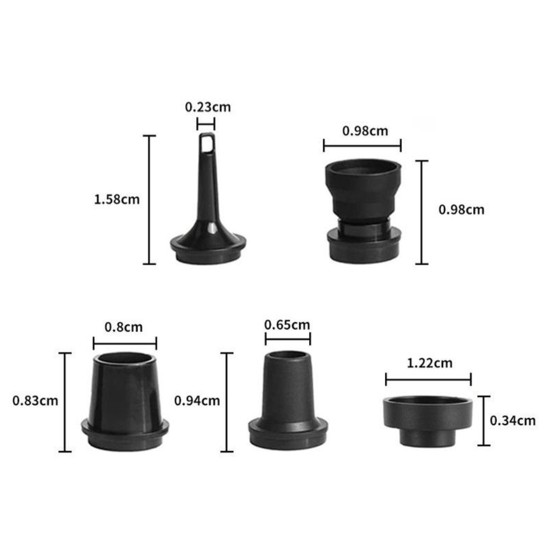 Set of black funnel-shaped objects with measurements on a white background