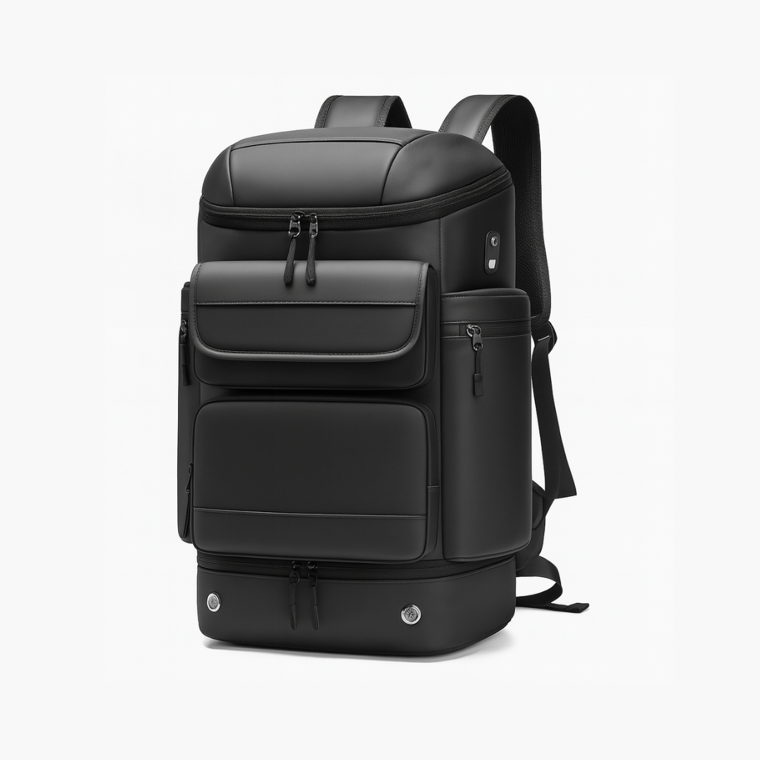 Black Dependz 7716-2 backpack with multiple pockets on a white background
