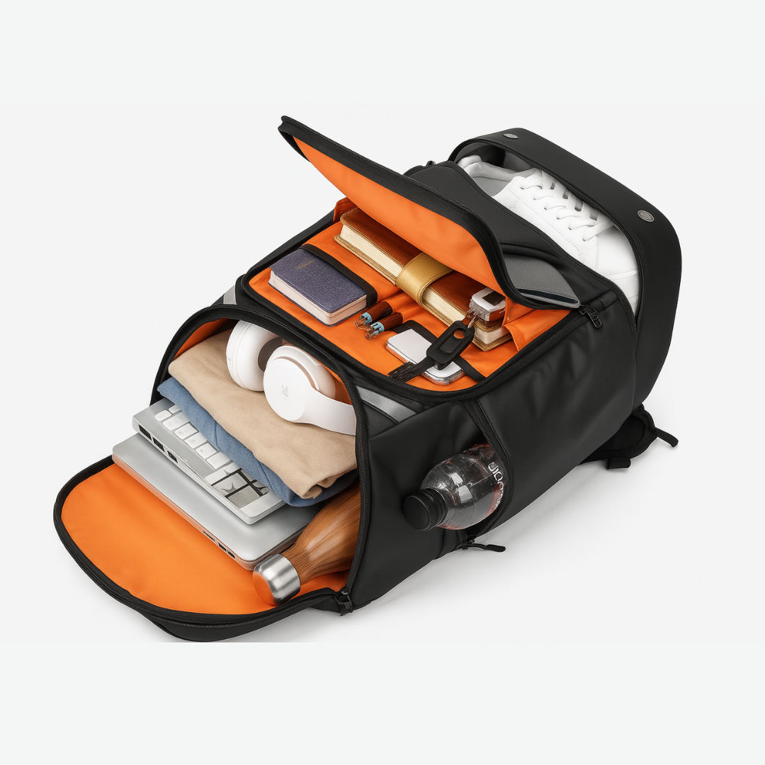 Black Dependz 7716-2 backpack with orange interior compartments containing electronic devices and personal items on a white background
