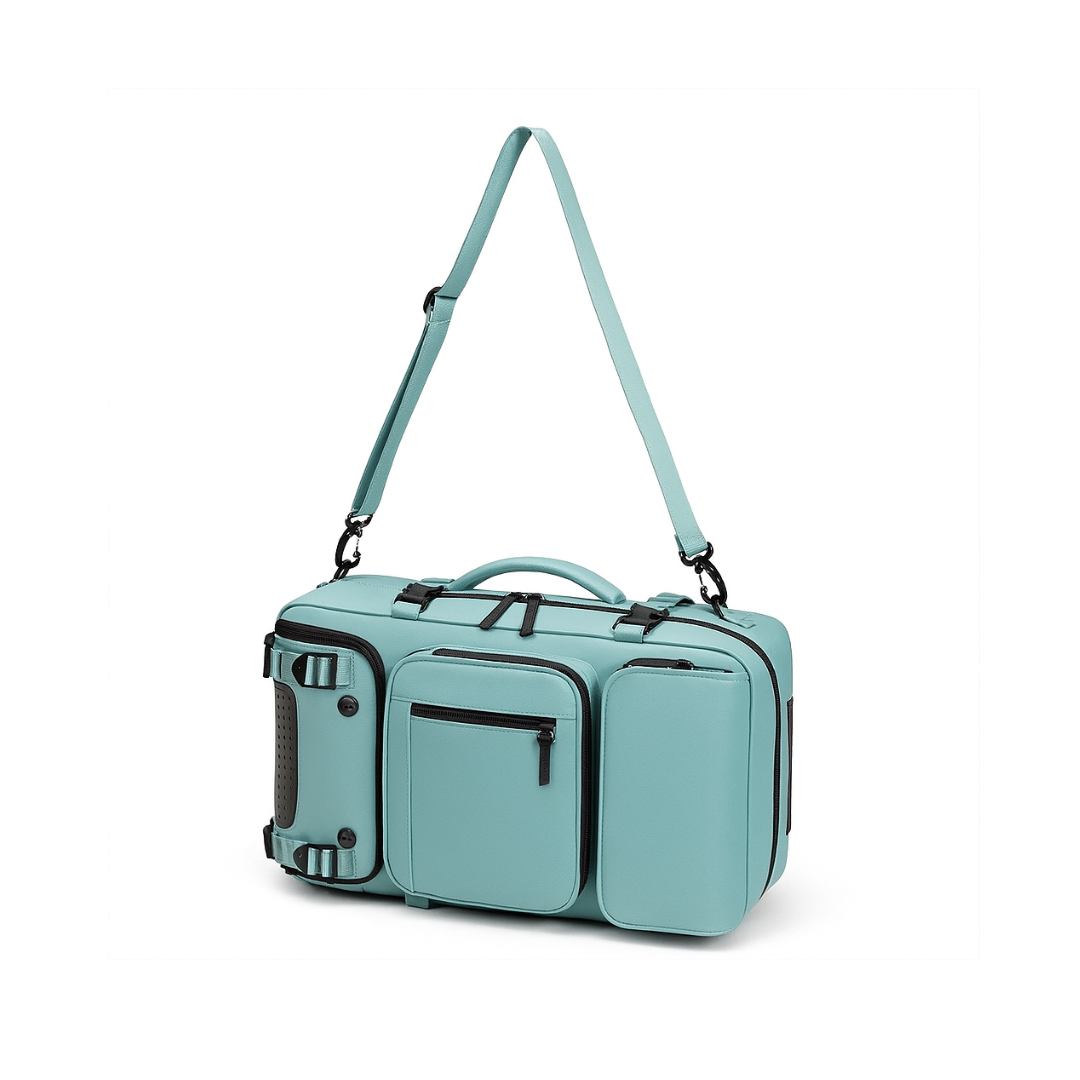 Teal Dependz 7798 travel bag with a shoulder strap on a white background