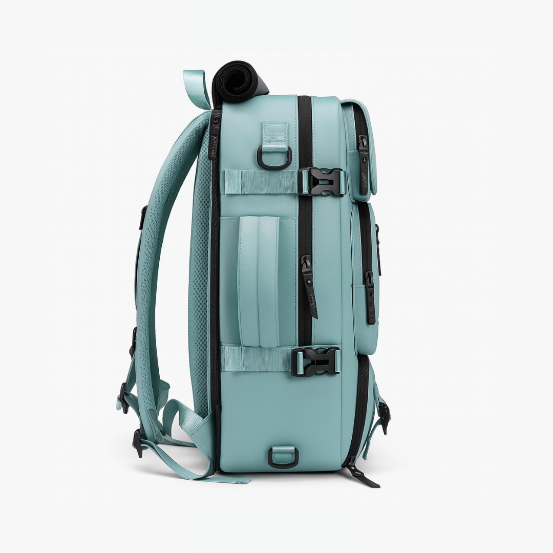 Light blue Dependz 7798 backpack with black straps on a white background