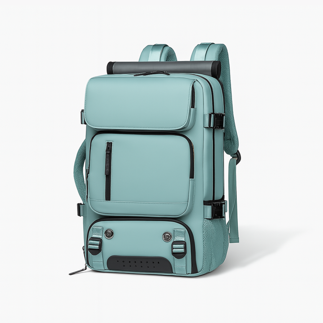 Light blue Dependz 7798 backpack with multiple compartments on a white background