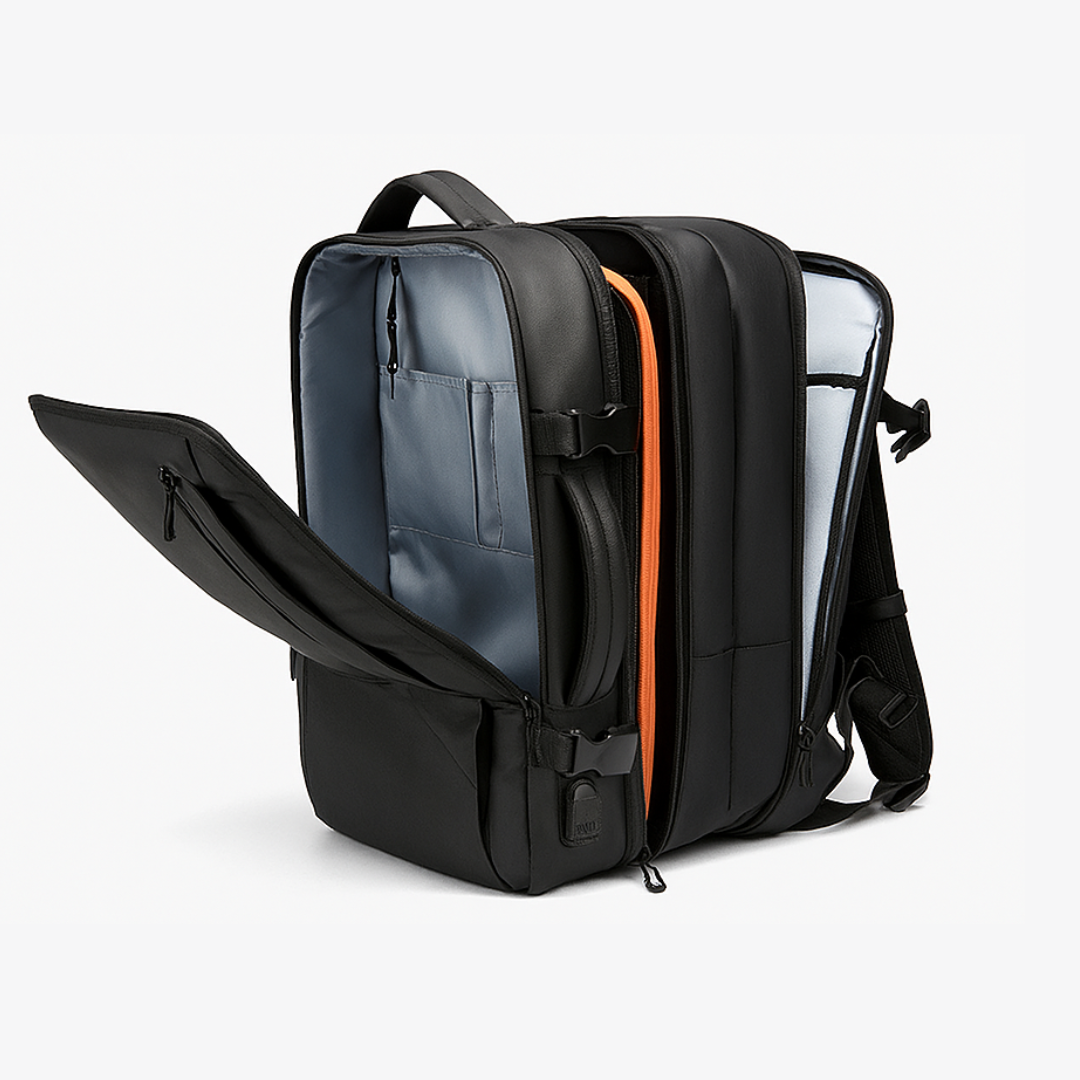 Dependz 1023 Black backpack with open front compartment on a white background