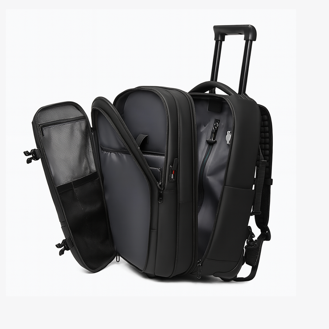 Dependz 9222 Black travel bag with wheels and backpack straps on a white background