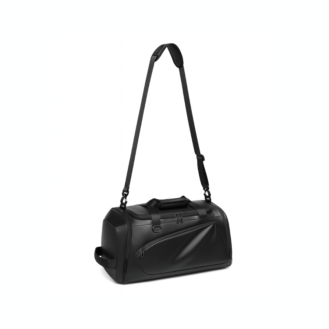 Dependz 605 Black duffel bag with a strap on a white background
