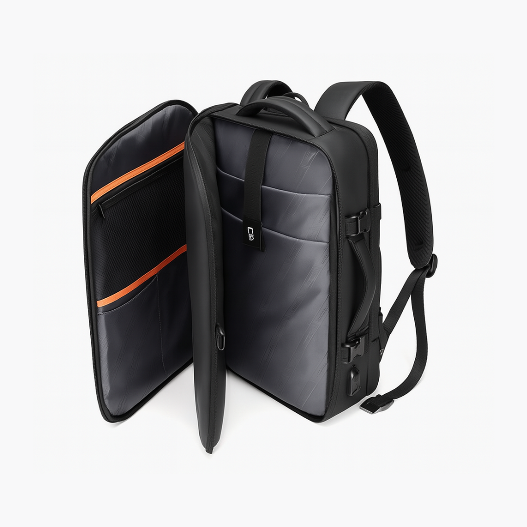 Dependz 1020-K Black backpack with open compartment on a white background