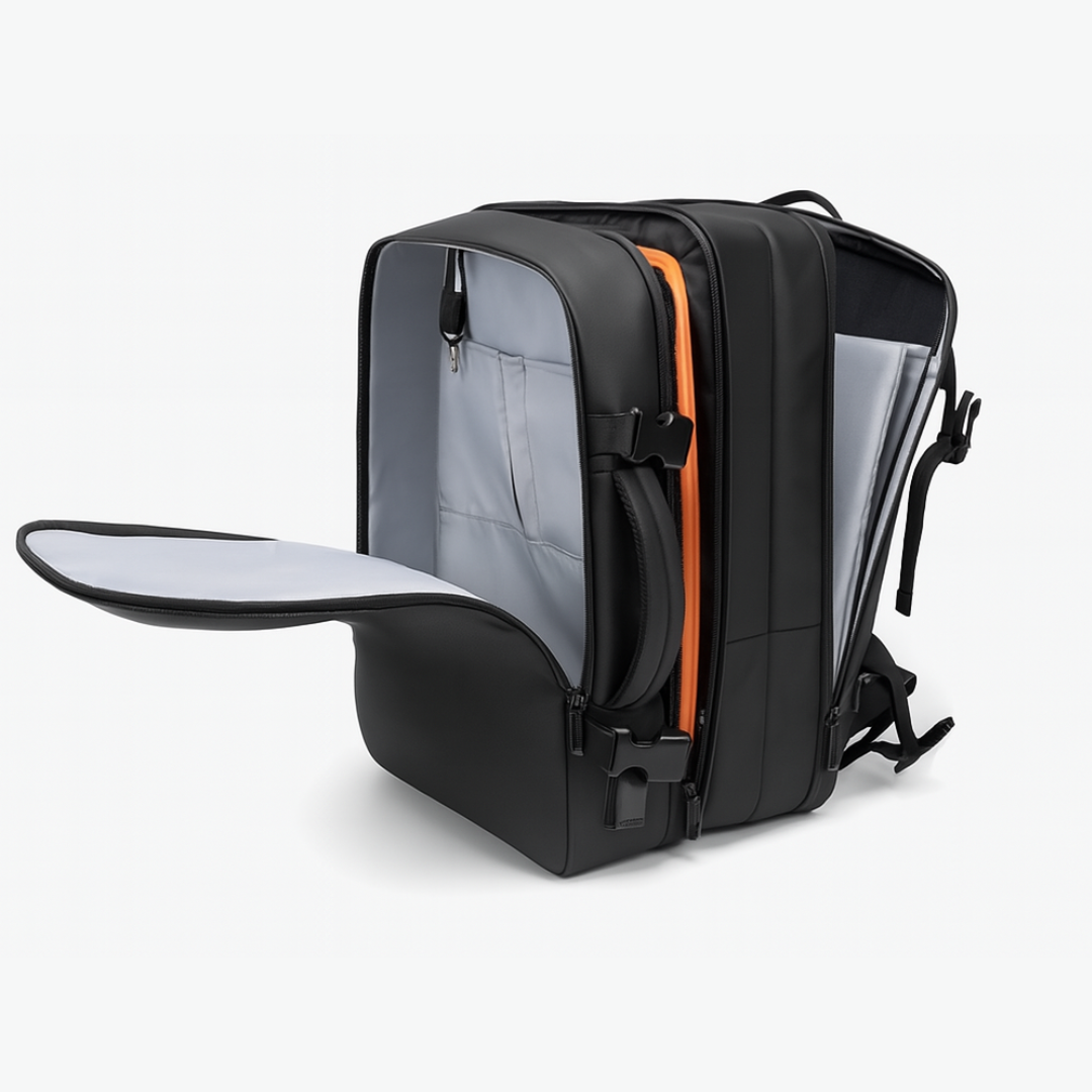Dependz 1020-K Black backpack with open front compartment on a white background