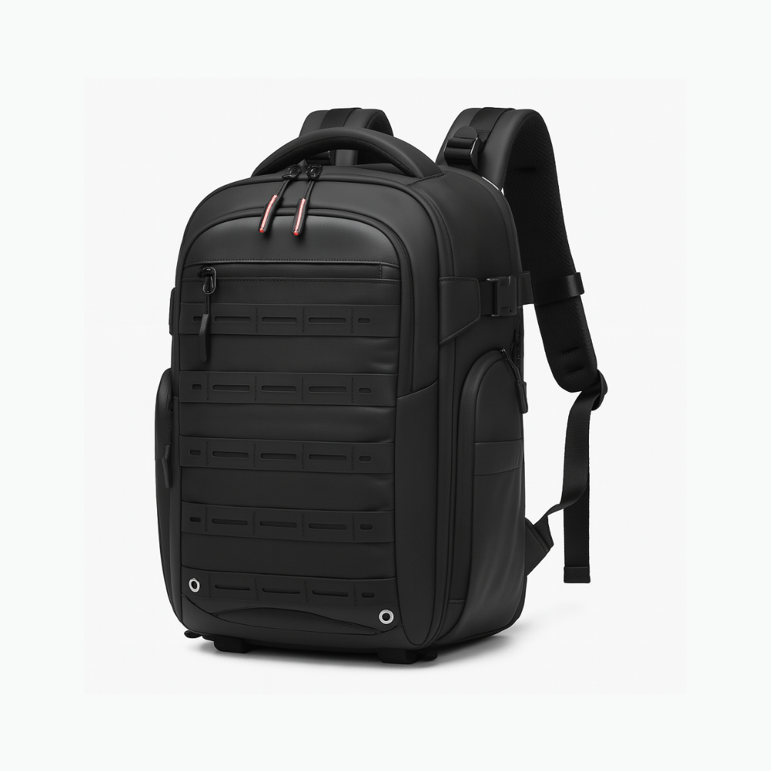 Dependz 7718 Black backpack with tactical design on a white background