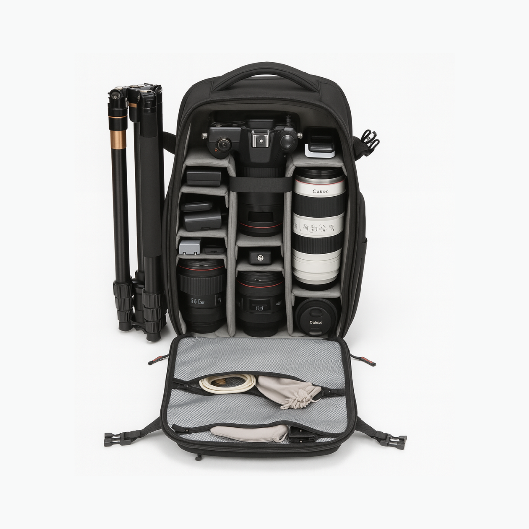 Camera backpack with camera equipment including lenses and a tripod on a white background