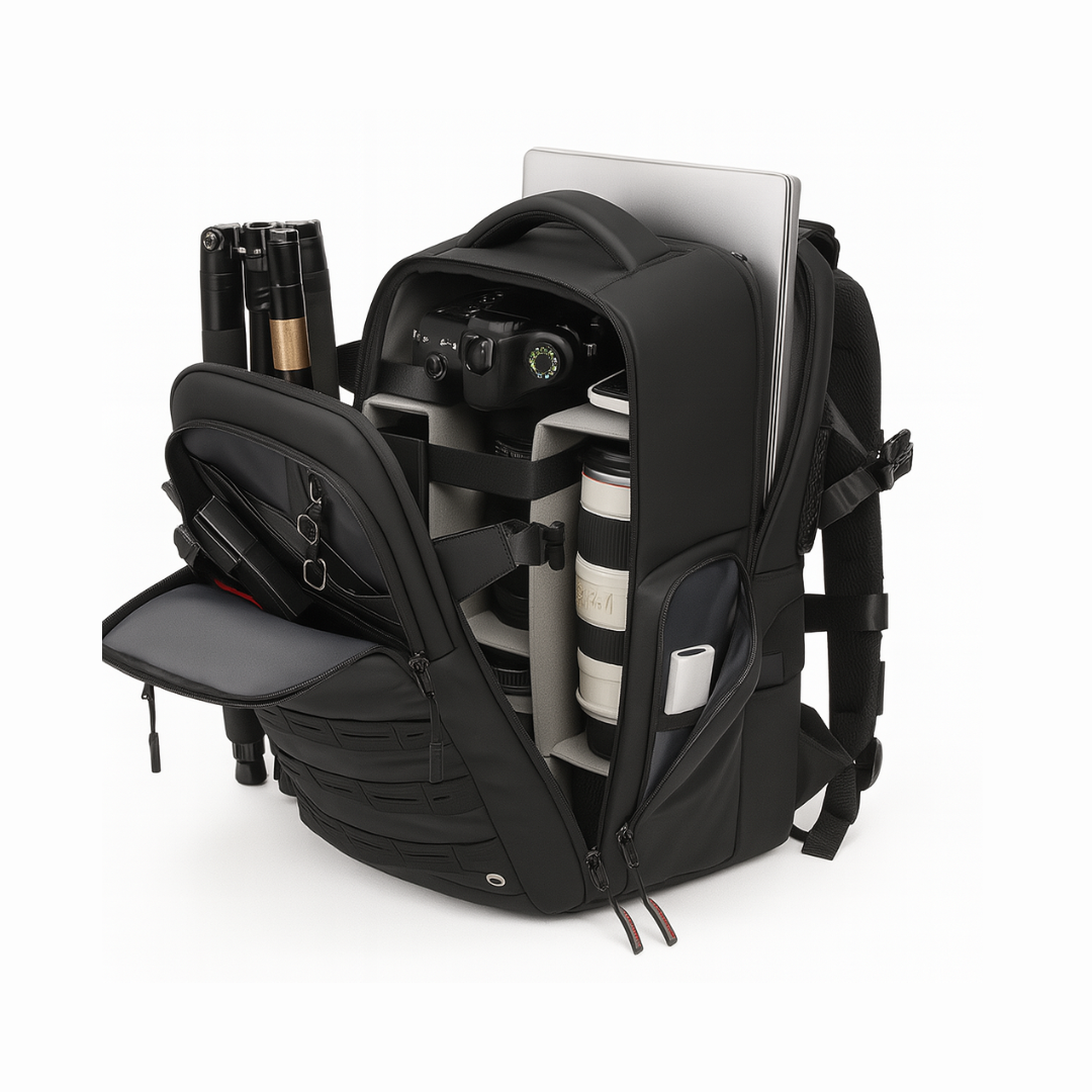Black backpack with compartments containing a laptop, camera, and other items on a white background