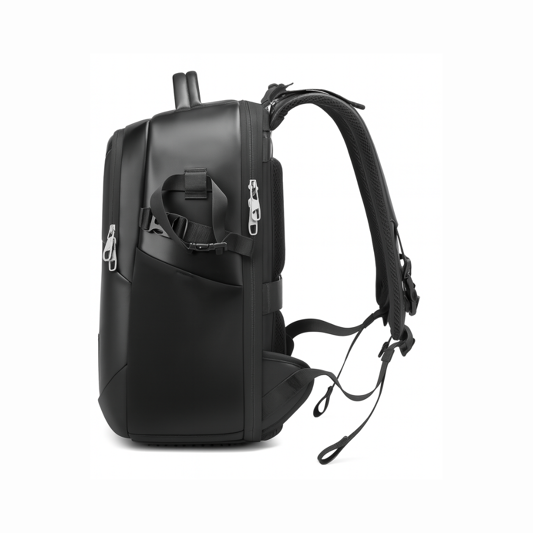 Dependz 6616 Black backpack with multiple zippers on a white background