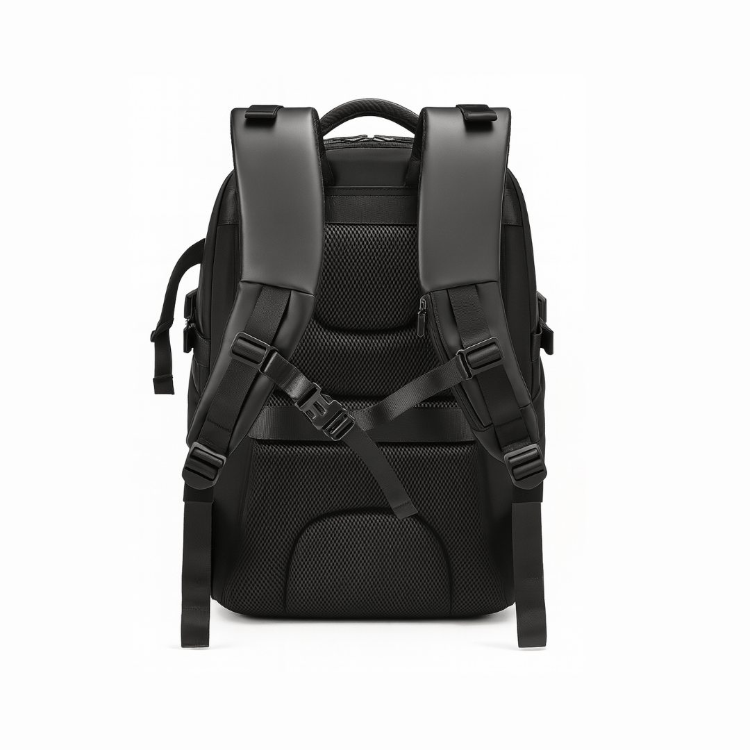 Dependz 6616 Black backpack with multiple straps on a white background