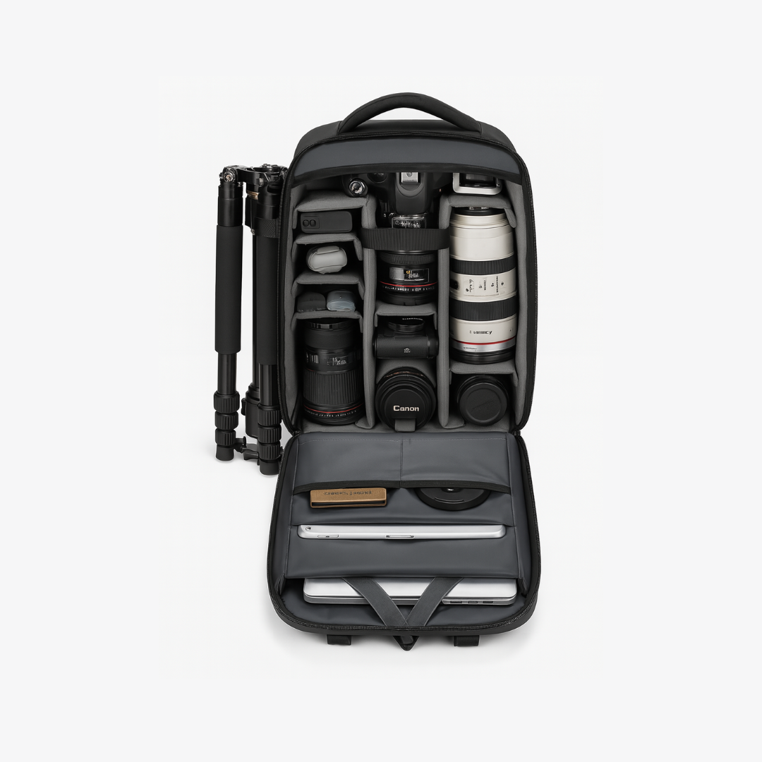 Camera backpack with camera equipment on a white background