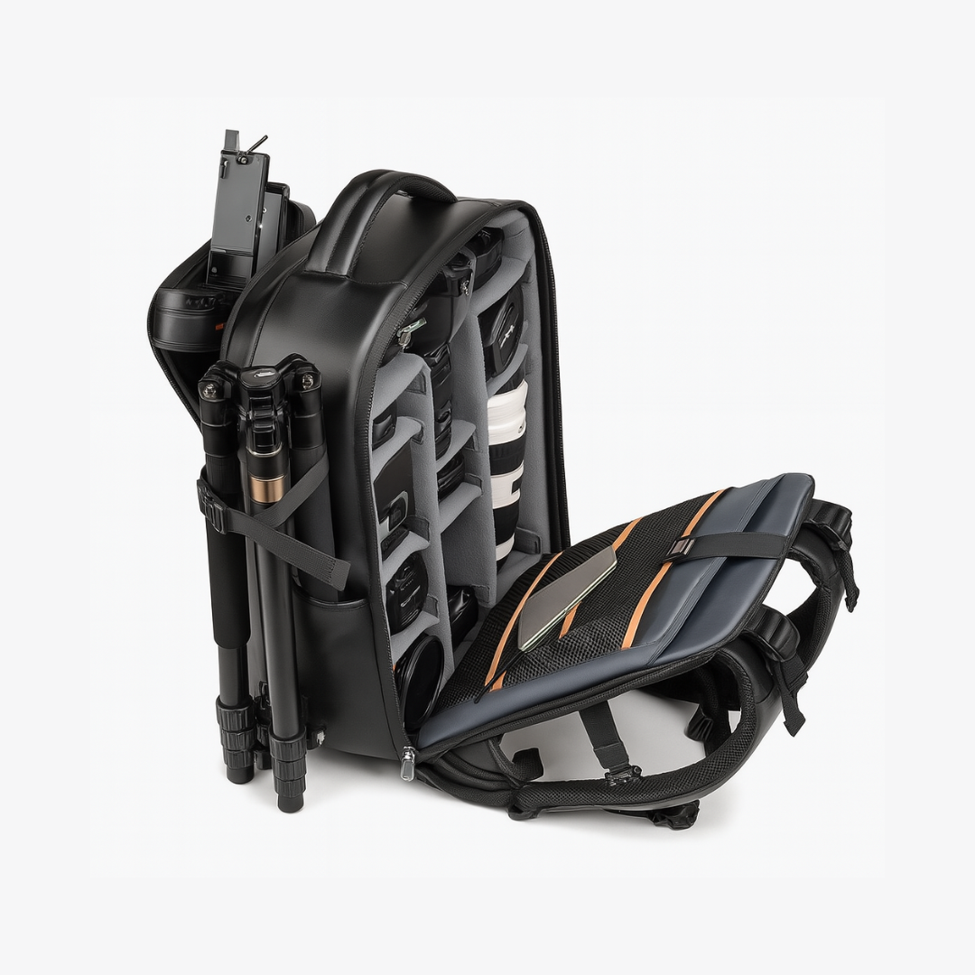 Black backpack with compartments and a helmet on a white background