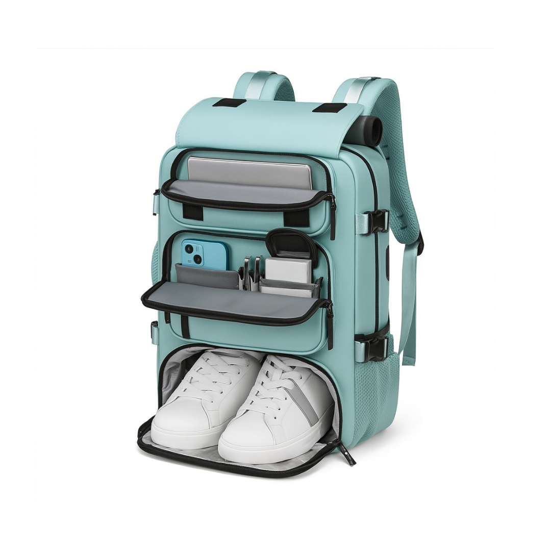 Light blue Dependz 7798 backpack with compartments and a shoe compartment on a white background