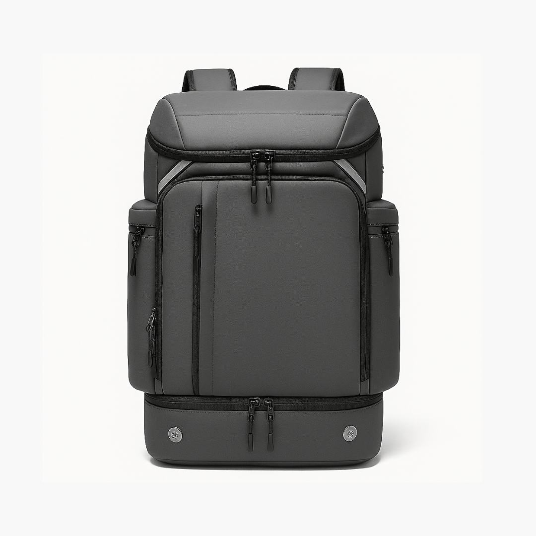 Gray Dependz 7716 backpack with multiple zippers on a white background