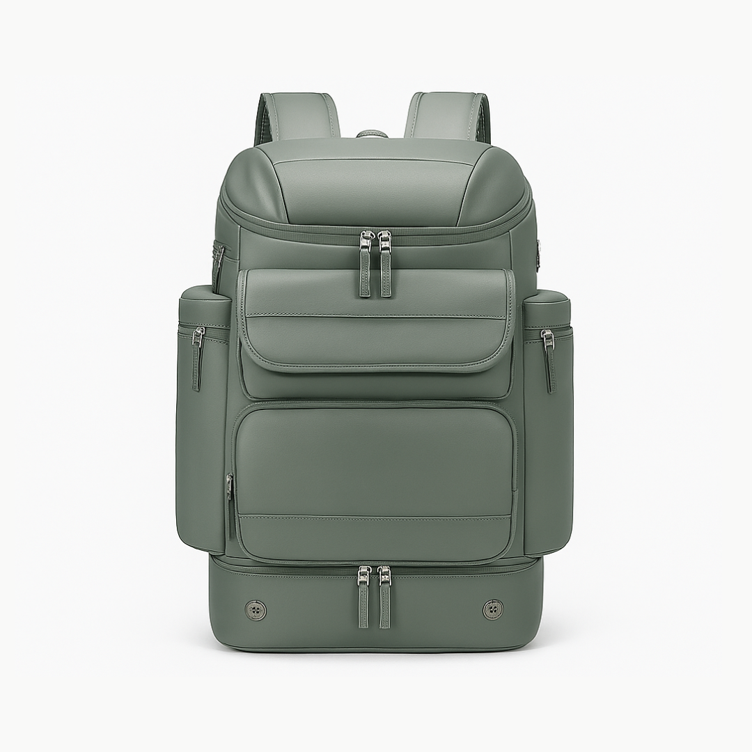 Green Dependz 7716-2 backpack with multiple pockets and zippers on a white background