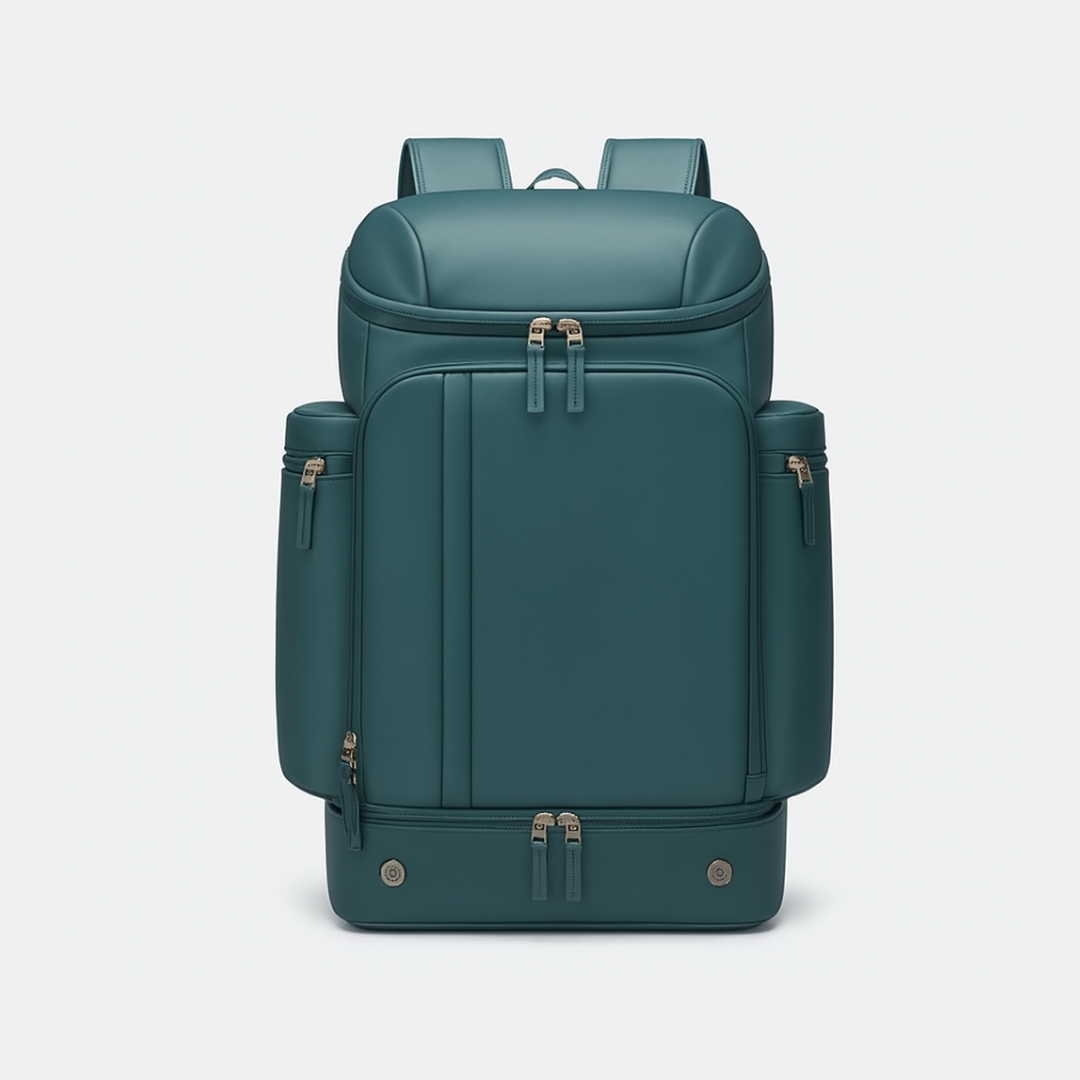 Teal Dependz 7716 backpack with multiple pockets and zippers on a light gray background