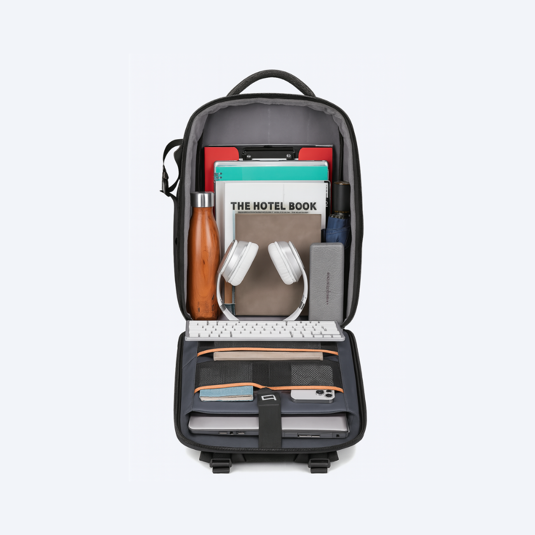 Black backpack with organized compartments on a light gray background