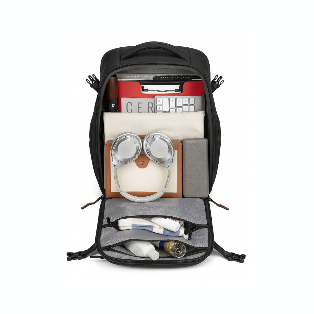 Dependz 5515 Black backpack with compartments containing various items on a white background