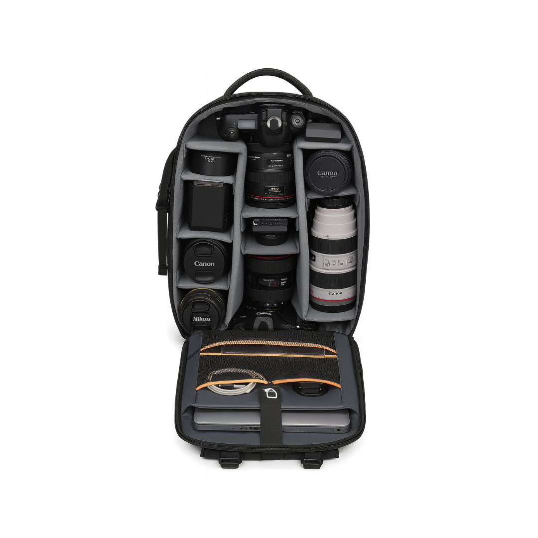 Dependz 5515 Camera backpack with compartments for camera equipment on a white background