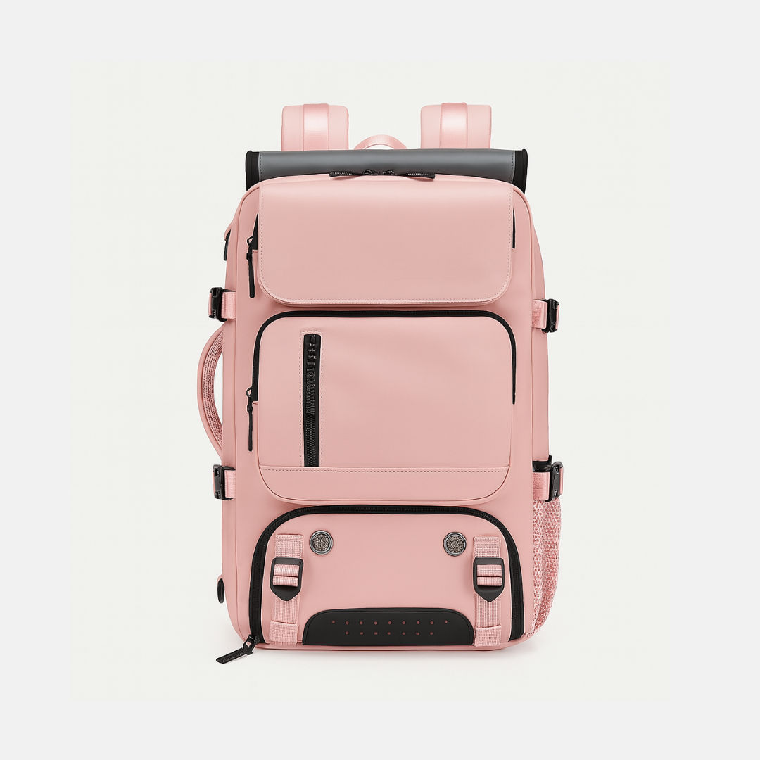 Pink Dependz 7798 backpack with black accents on a light gray background