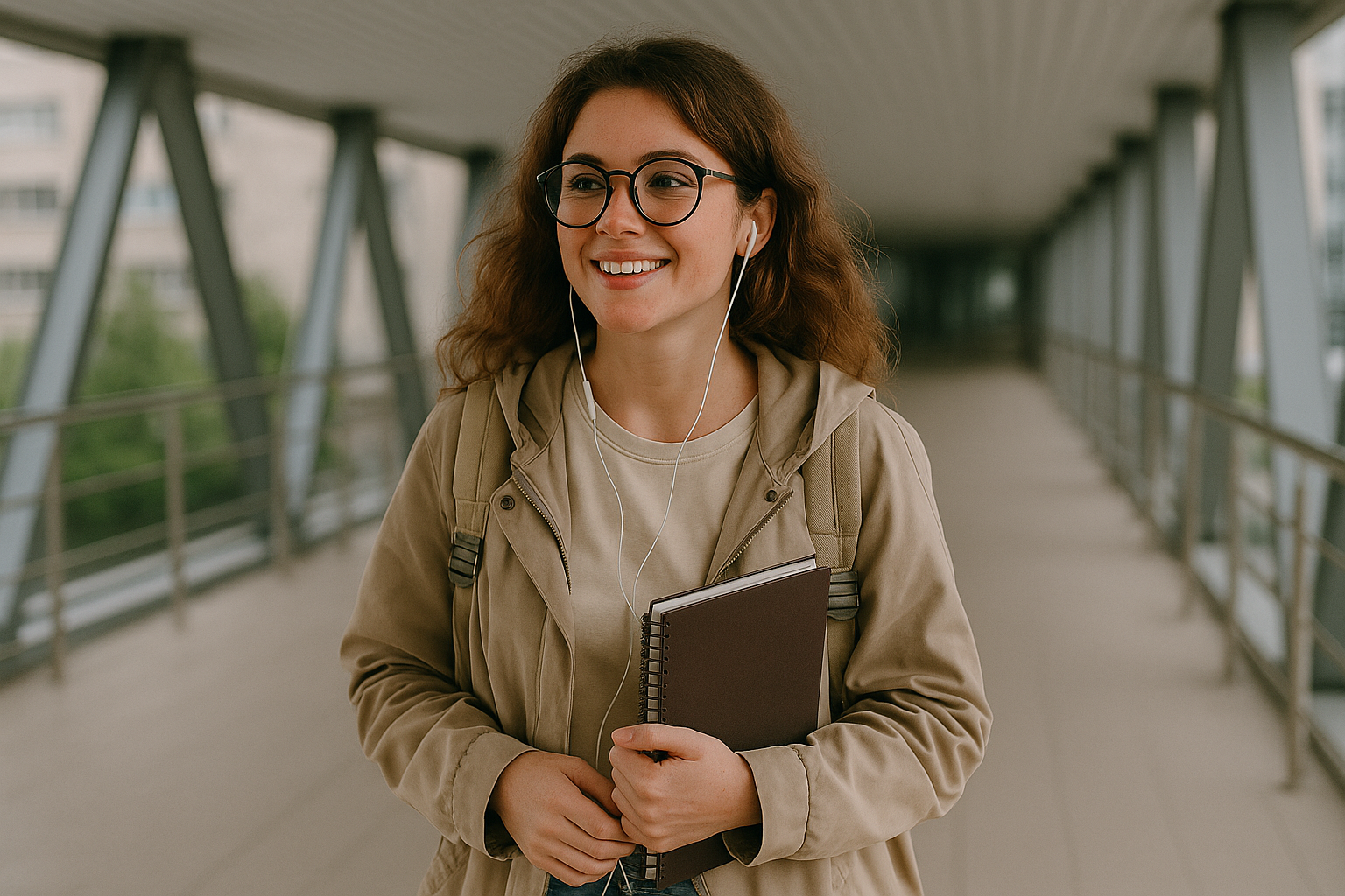 Woman with glasses holding a notebook, walking on a bridge