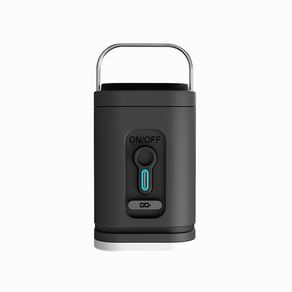 Black camping lantern with handle on a white background