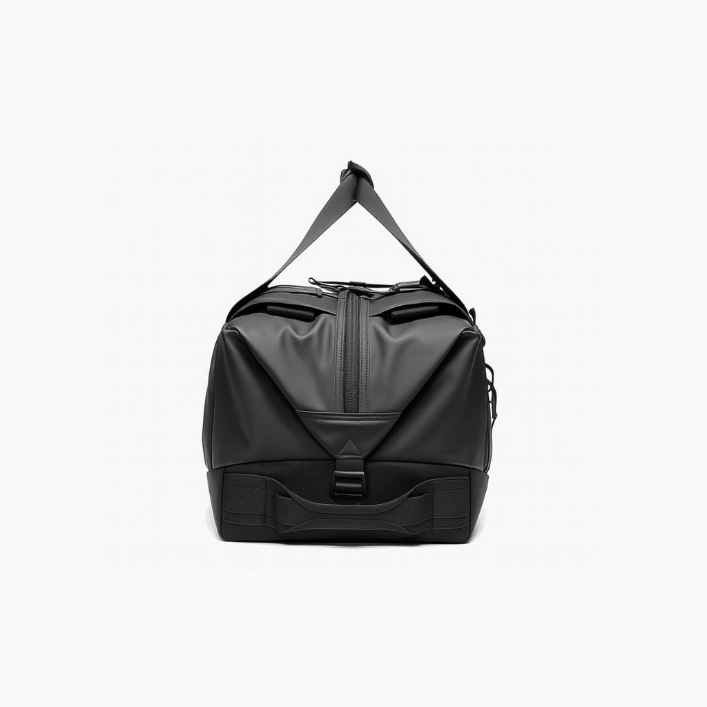 Dependz AL607 Black duffel bag with a shoulder strap on a white background