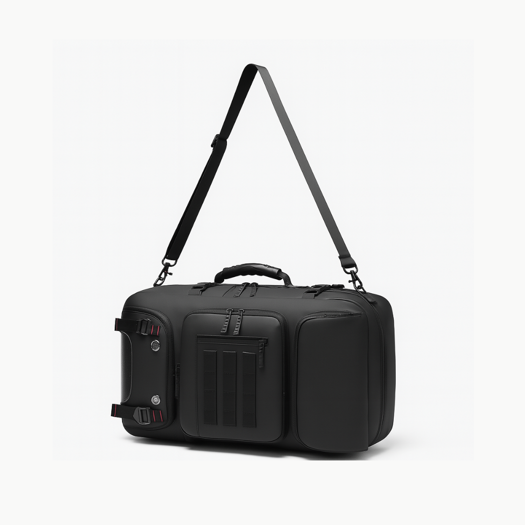 Dependz 7768 Black travel duffel bag with shoulder strap on a white background