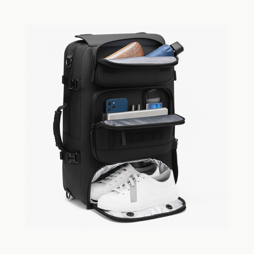 Dependz 7768 Black backpack with compartments open, showing a shoe and various items on a white background