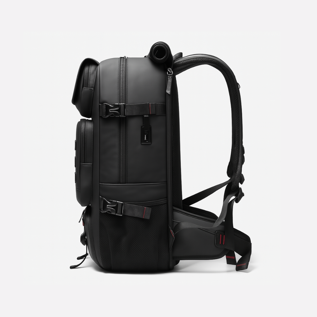 Black backpack on a light gray background