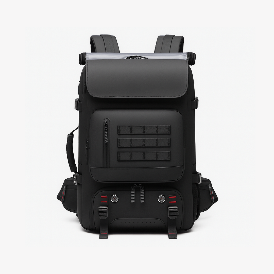 Black backpack with tactical design on a white background