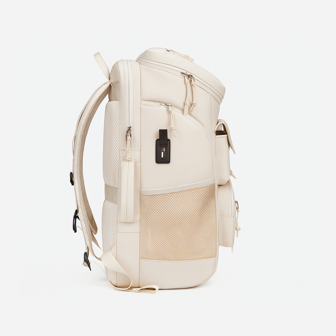 Beige Dependz7900 backpack with multiple compartments on a white background