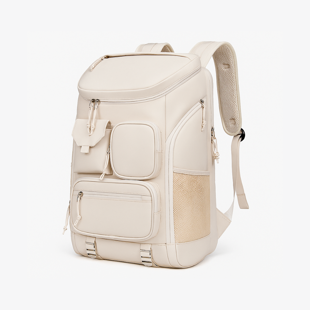 Beige Dependz7900 backpack with multiple pockets on a white background