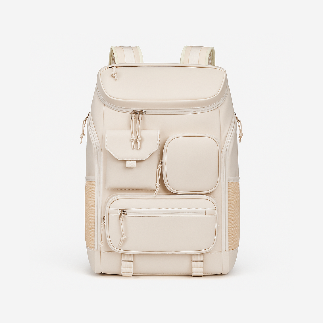 Beige Dependz7900 backpack with multiple pockets on a white background