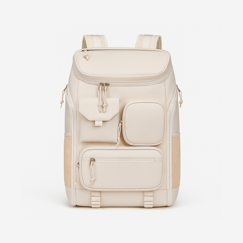 Beige Dependz7900 backpack with multiple pockets on a white background