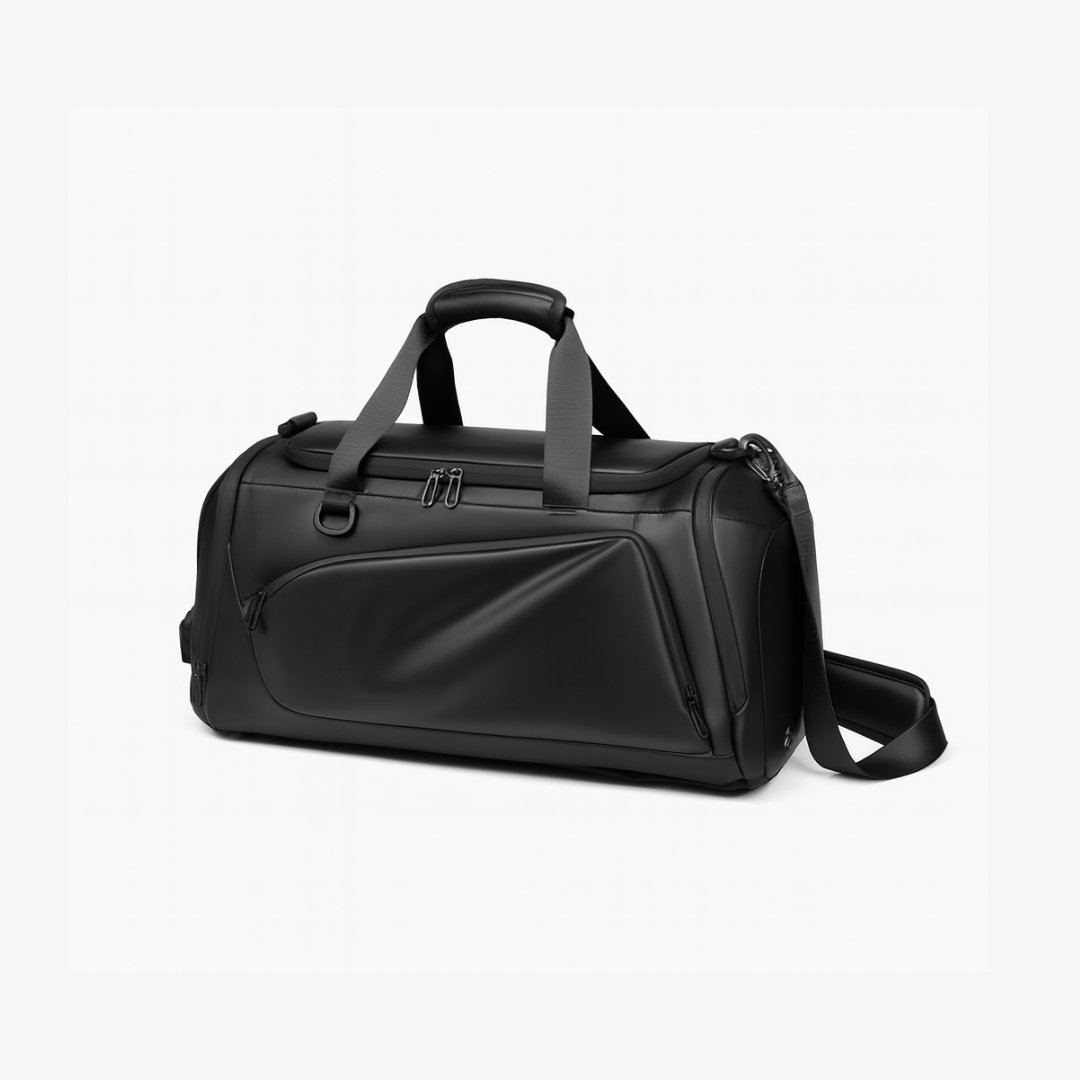 Dependz 605 Black duffel bag on a light gray background