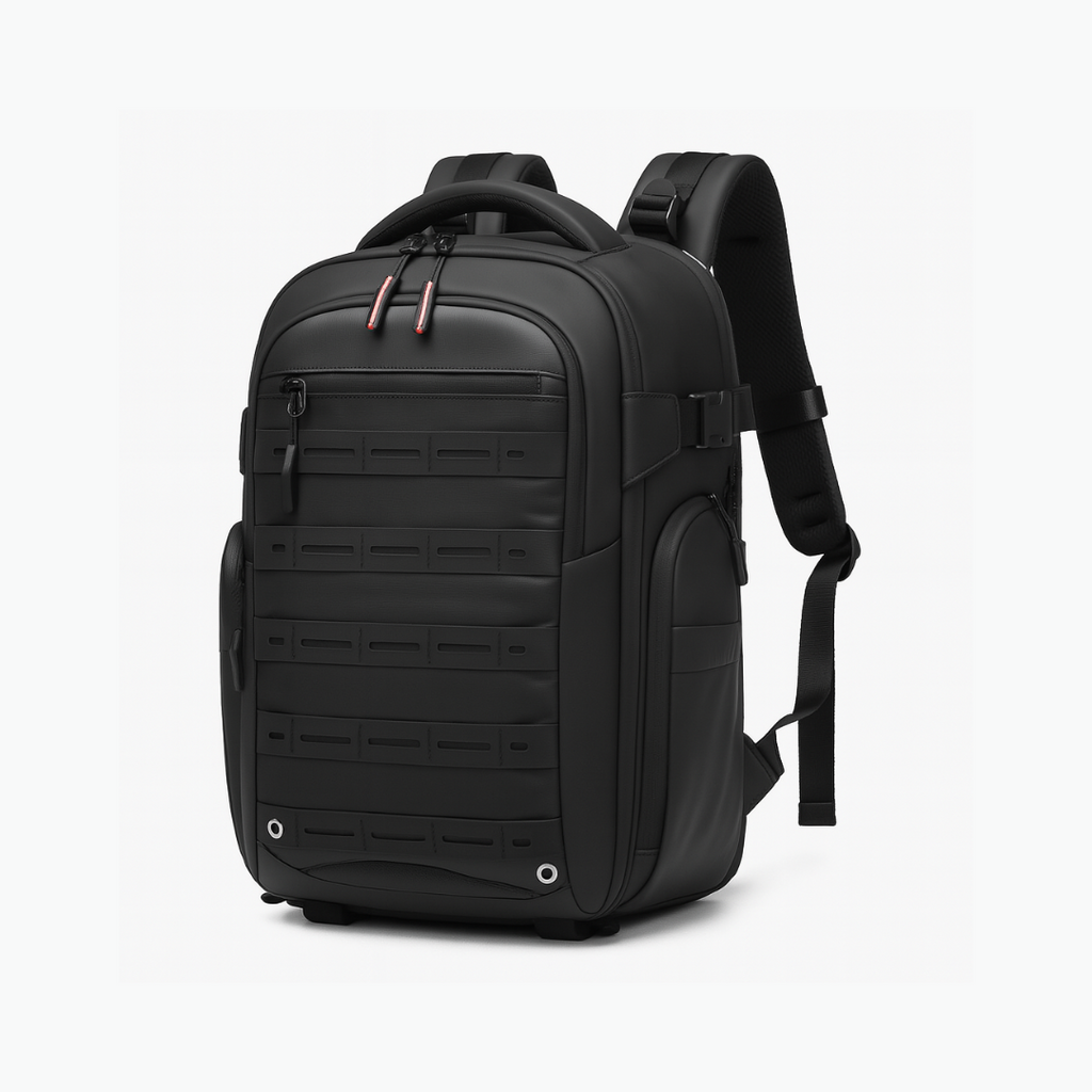 Dependz 7718 Black backpack with tactical design on a white background