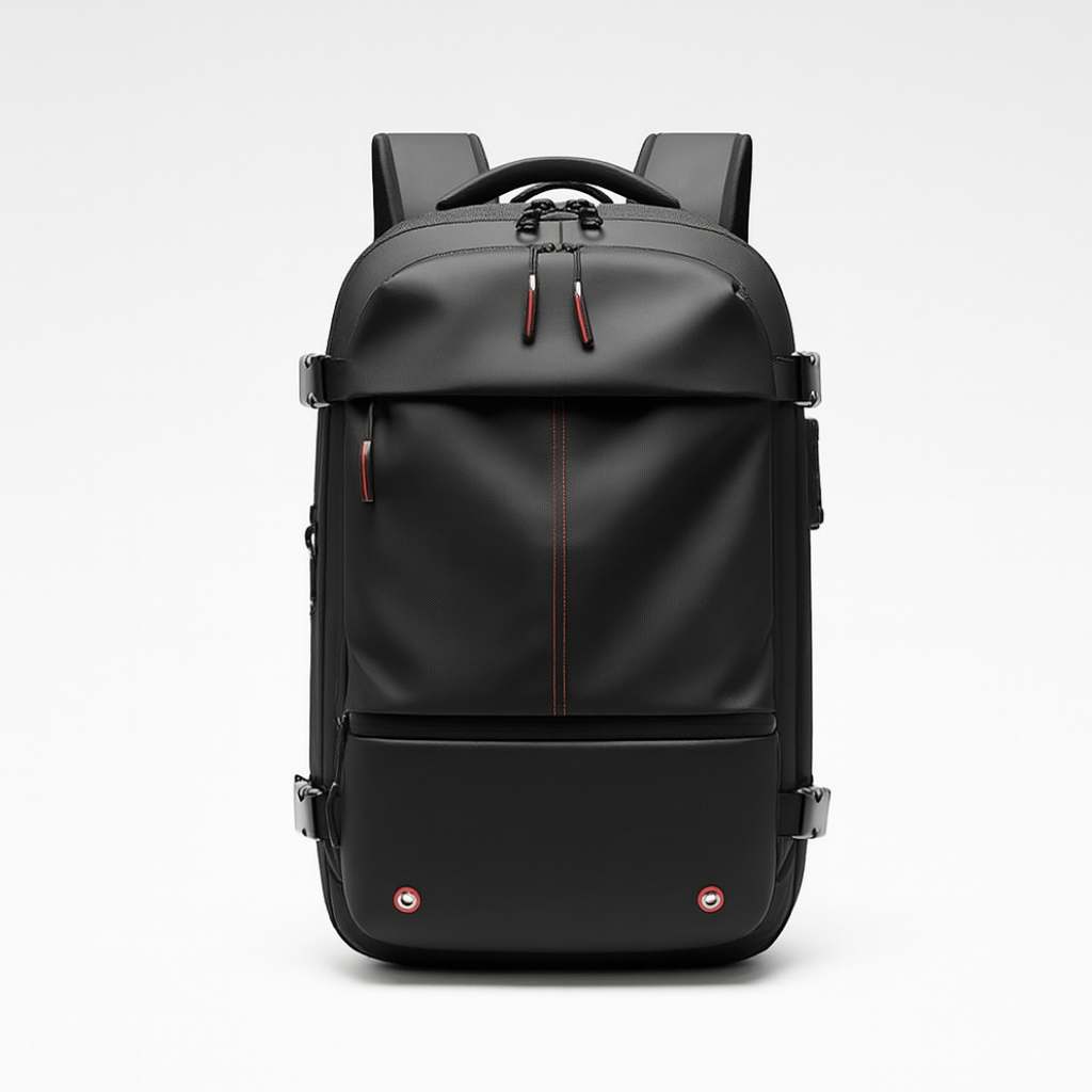 Black Dependz 7757 backpack with red accents on a white background